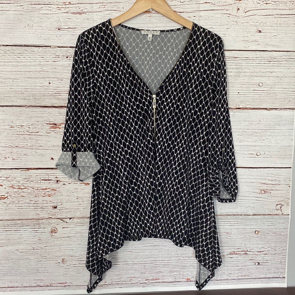 Womens Blouse  Chaus New York Black/ white XL zip front flowy bottom